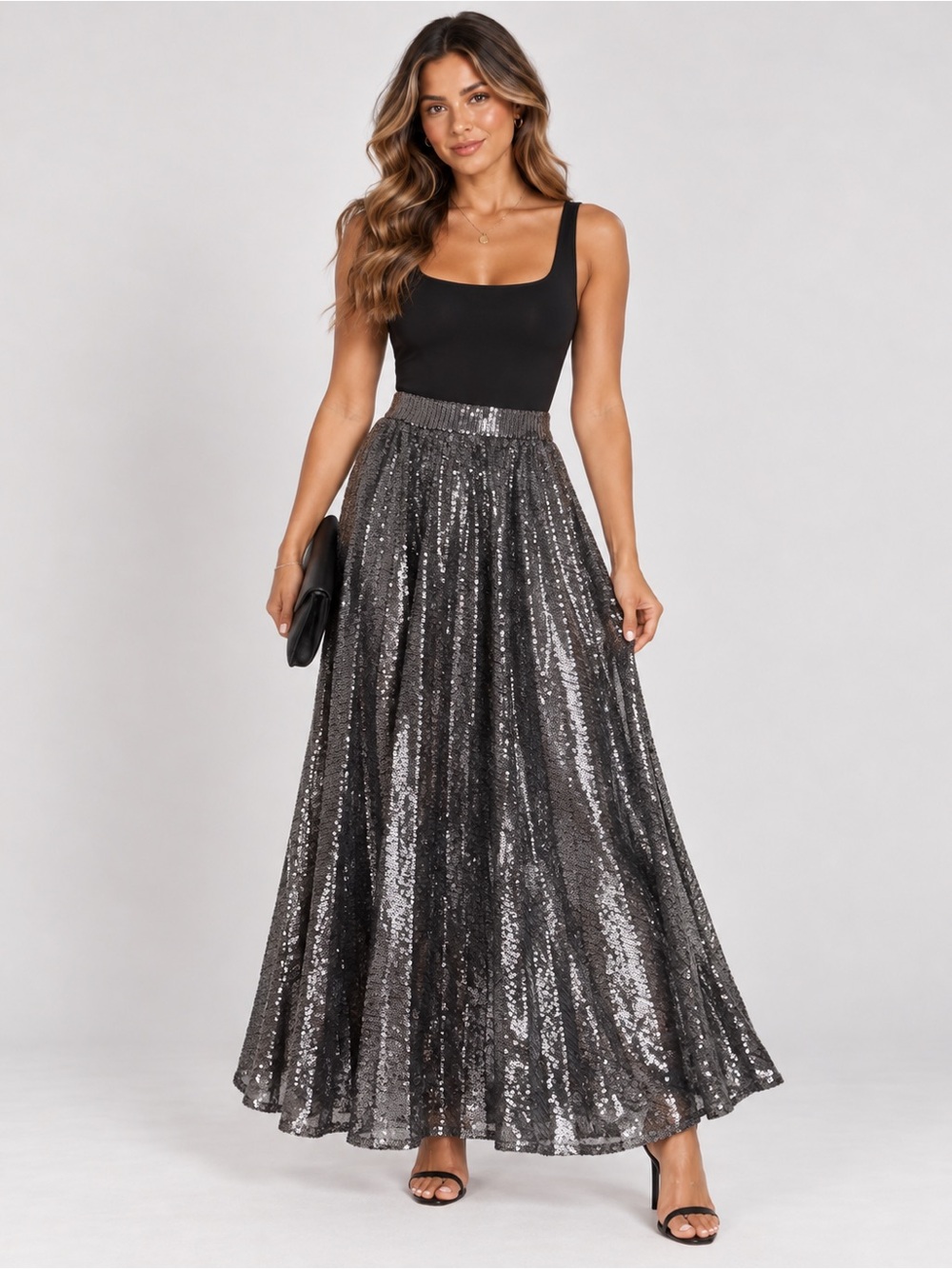 Lucy Paris Silver Sequined Pleated Maxi Skirt - Size Small